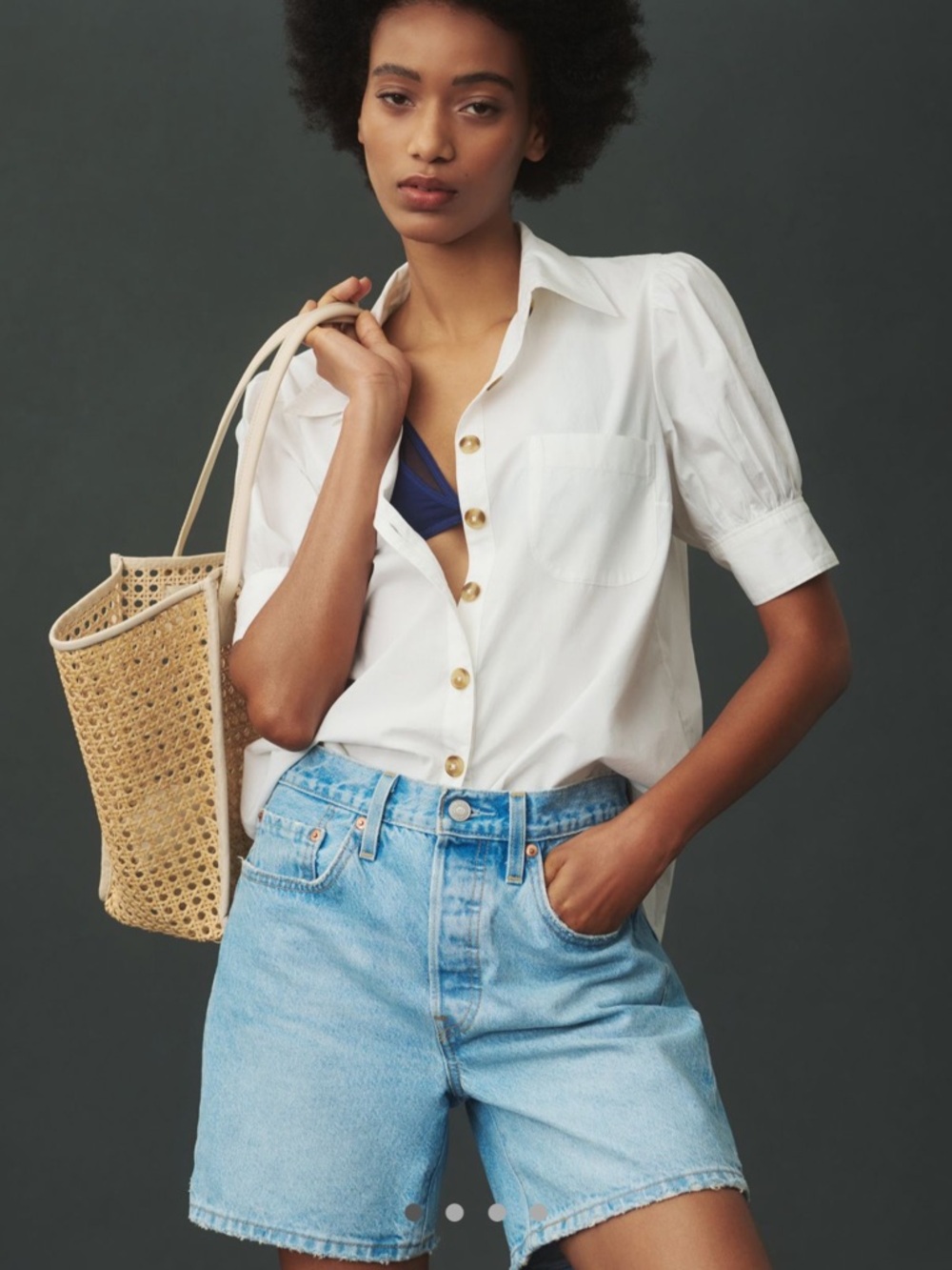 Maeve White Puff-Sleeve Button-Front Blouse